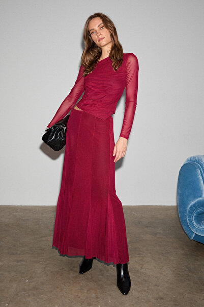 GRIMELANGE Uryey Women's Asymmetrical Collar Ruched Detail Stretch Fabric Tulle Burgundy Blouse