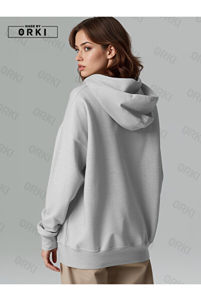 EFFRENATU Small Pixel Cute Heart Printed Women's Gray Oversize Hooded Sweatshirt Hoodie