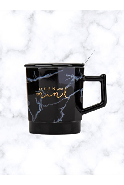 Dörtel Tedarik Marble Patterned Ceramic Mug with Lid and Spoon Black