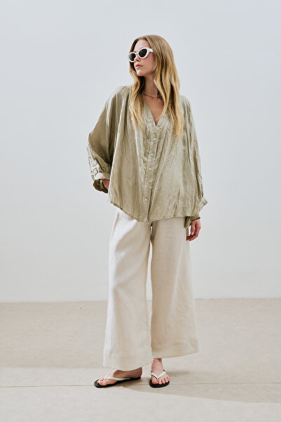 Manuka Keten Crush Buttoned Blouse Green