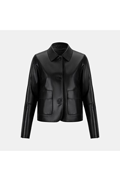 Desa Women's Black Shirt Collar Buttoned Short Leather Jacket
