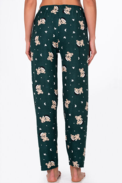 Kompedan Kadın Süet Ayıcık Desenli Pijama Tek Alt – Yeşil