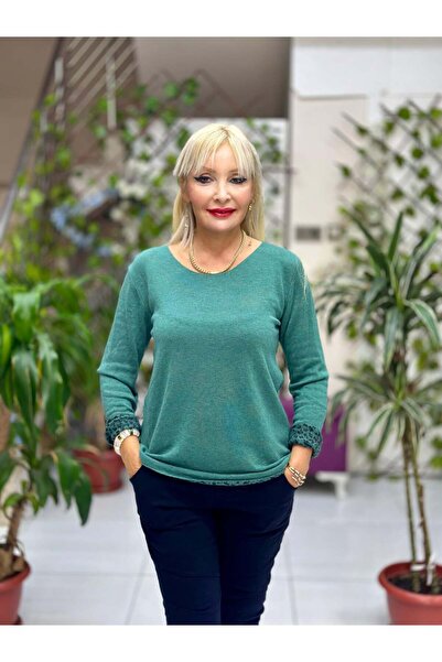 Punta Otantik Nc1202 Leopard Inside Round Neck Knitwear Small Fit Blouse Bitter Green