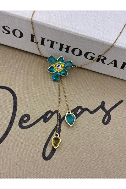 Hedef Bijuteri Steel Gold Turquoise Colored Zircon Stone Elevator Flower Model Y Necklace