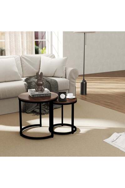 Danube Home Asgard Set of 2 Round Nesting Tables – Walnut & Black Elegant Liv...
