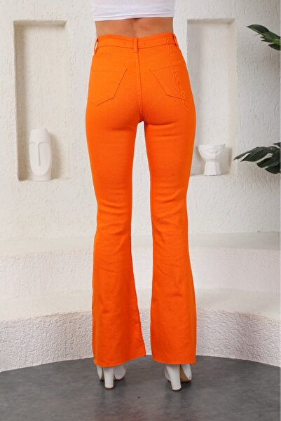 KOTOLOG Orange Color Flared Women's Flare Pants Full L Stretch Fabric Flexible