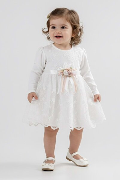 Mnk Baby&Kids Baby Girl Ribbon Floral Lace Dress M00768 Ecru