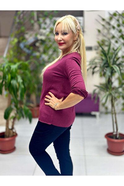 Punta Otantik Nc1202 Leopard Inside Round Neck Knitwear Small Fit Blouse Cherry