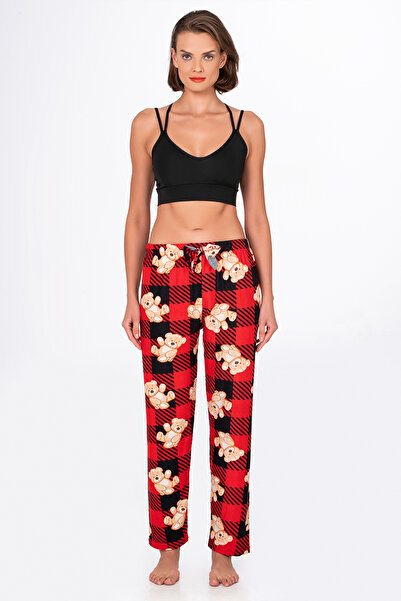 Kompedan Kadın Süet Kırmızı Kareli Ayıcık Desenli Pijama Tek Alt