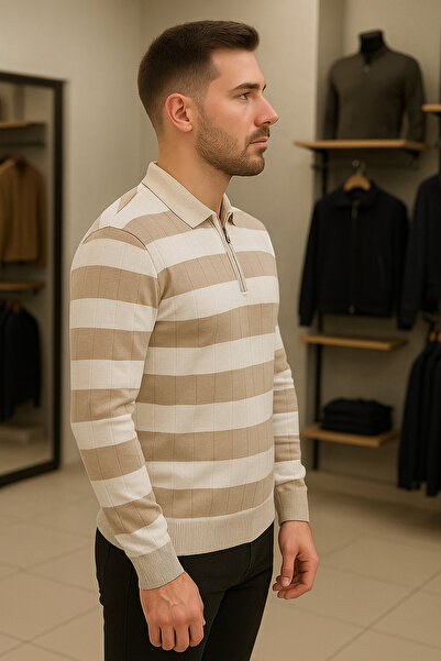 Maccali Men's Casual Long Sleeve Cream Knitwear Striped Sweater