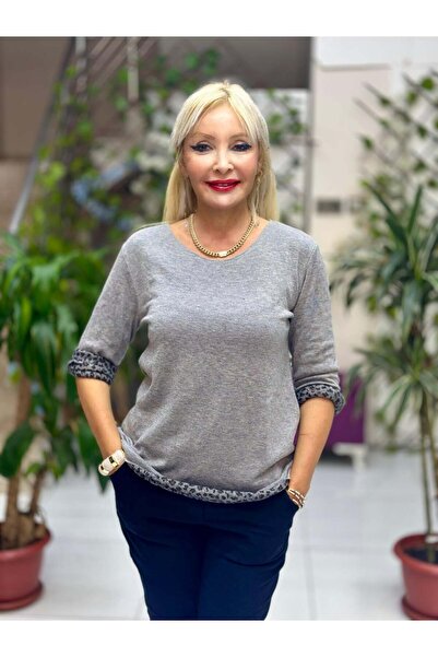Punta Otantik Nc1202 Round Neck Knitwear with Leopard Inside Small Fit Blouse Gray