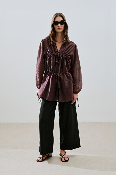 Manuka Gathered Tie-Up Blouse Burgundy