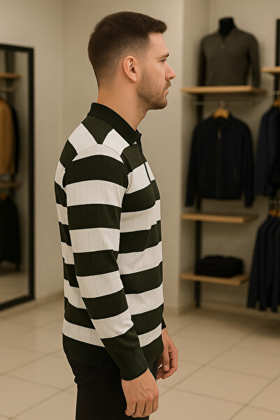 Maccali Men's Casual Long Sleeve Khaki Knitwear Striped Sweater