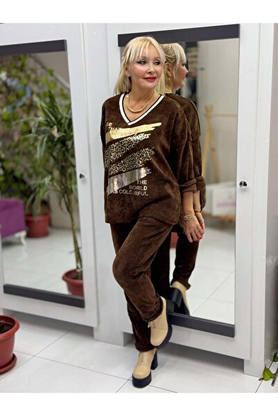 Punta Otantik Nc24155 Leopard Printed Italian Velvet Suit Brown