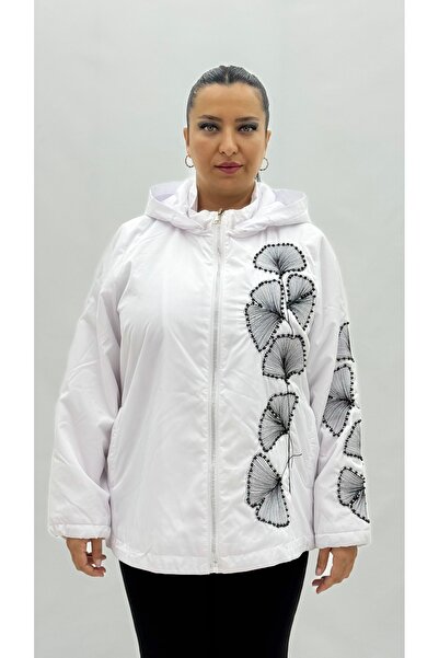 AY-SEL Büyük Beden Kapüşonlu Çiçek İşlemeli Kadın Mont