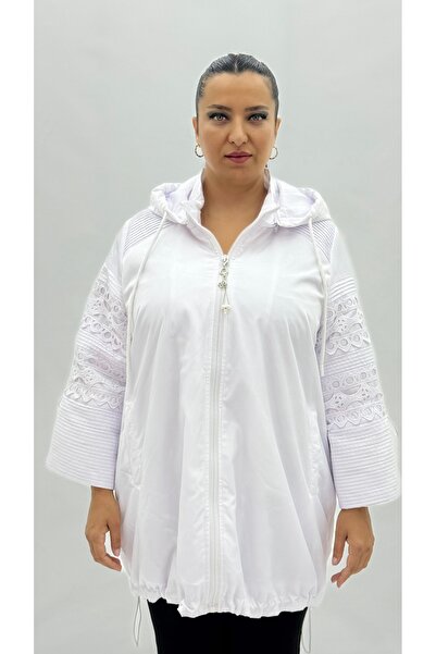 AY-SEL Büyük Beden Kapüşonlu Dantel Detaylı Kadın İnce Yağmurluk Rüzgarlık Mont