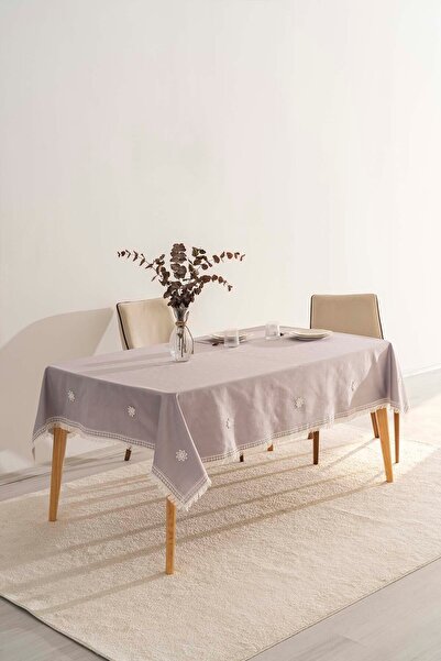 Rivaİstanbul Silvio Gray Guipure Floral Tablecloth 160X220 cm