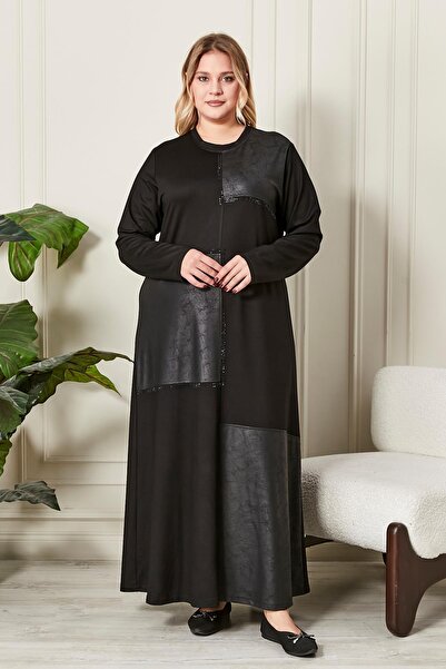 Ferace Women's Plus Size Leather Detailed Crystal Combed Cotton Dress