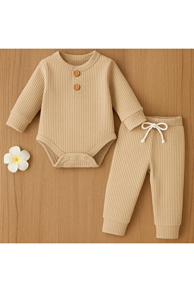 Bubito Flat Bottomed Baby Bodysuit with Snap Fasteners - Beige