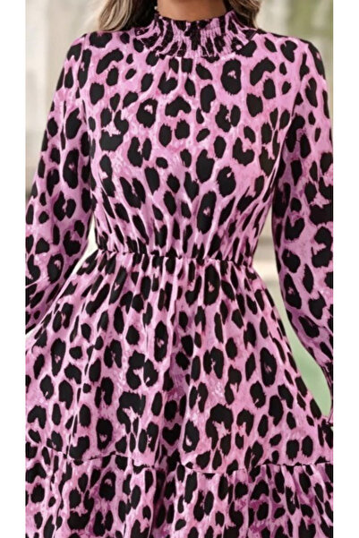 KOKOSH Women's Long Sleeve Half Turtleneck Leopard Print Modal Mini Dress