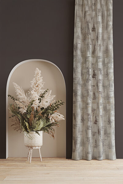 ASDİVA Jacquard Woven Drawstring Extrafoam Single Panel Non-Pleated Glitter Detailed Cream Background Curtain