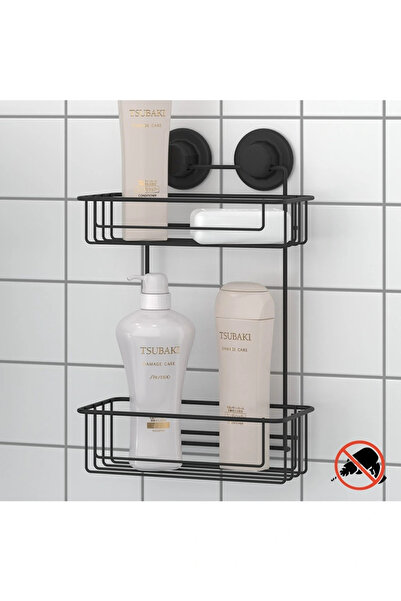 Evistro Vakumlu Banyo Duvar Rafı Şampuanlık 2 Katlı Siyah