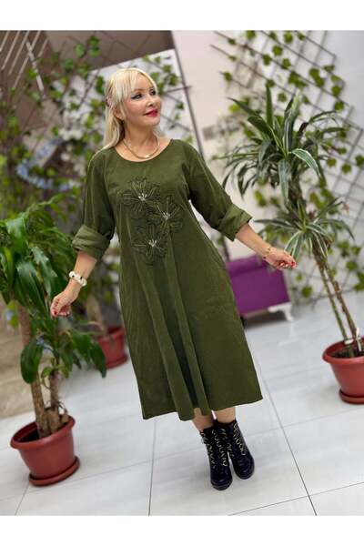 Punta Otantik Nc25130 Floral Patterned Italian Velvet Dress Khaki