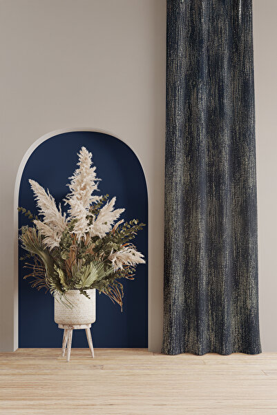 ASDİVA Jacquard Woven Drawstring Extrafoam Single Panel Non-Pleated Glitter Detailed Navy Blue Gray Background Curtain