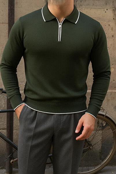 comstar Men's Casual Striped Trendy Khaki Polo Collar Sweater