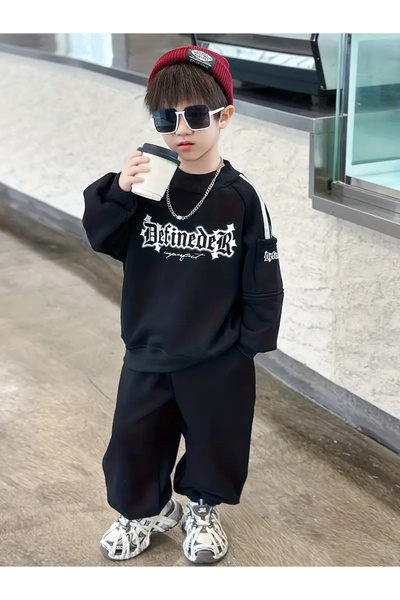 npLStore Çocuk Definedeir Printed Oversized Crew Neck Sweatshirt Tracksuit Set