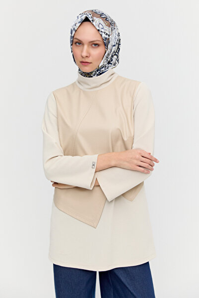 Setrms Asimetrik Suni Deri Kombinli Tunik