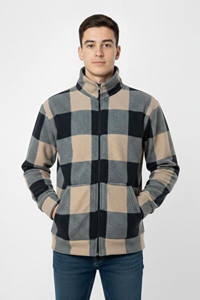 NEWKİDS Plaid patterned zippered stand collar kangaroo pocket boys' cardigan