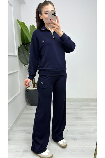 TUNAM BUTİK 1029 Half Zipper Modal Printed Double Suit Navy Blue