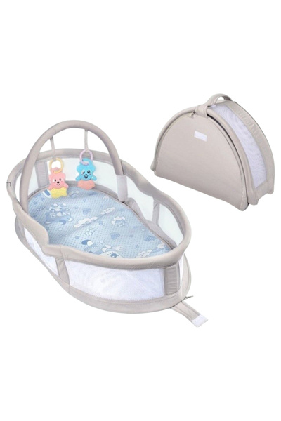 Creative World Toys Pătuț portabil și co-sleeper gri, coș cu bară de jucării, pentru bebeluși 0-12 luni