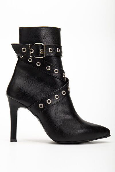 FEMME Kadın Fermuarlı Sivri Burun İnce Ökçe Kemer Toka Detaylı Günlük Bot Lopez