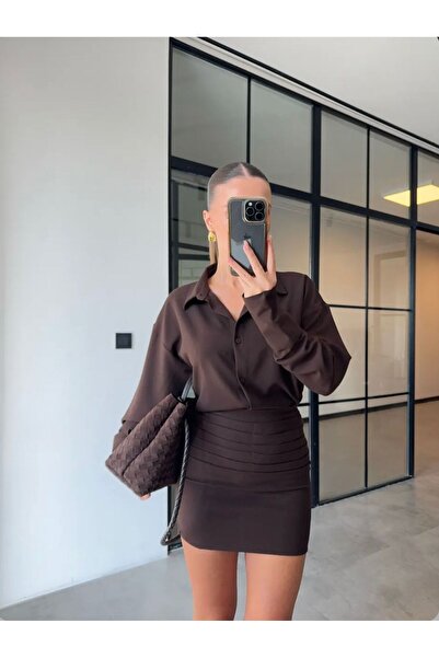 FMN Butik drapeli tok kumaş etek bol kalın kumaş kırışmaz gömlek pinterest muadil premium ikili takım