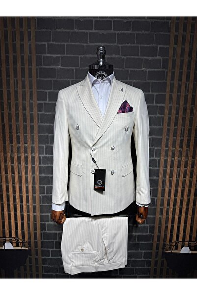 Dupont Slim Fit Çizgili Kruvaze Takım Elbise