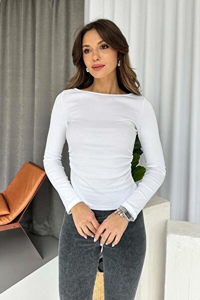 Mine Tan Butik بلوزة أساسية بياقة قارب وتفاصيل مطاطية - أبيض