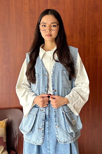 Ceylan Otantik Ice Blue Cargo Pocket Pack Denim Vest