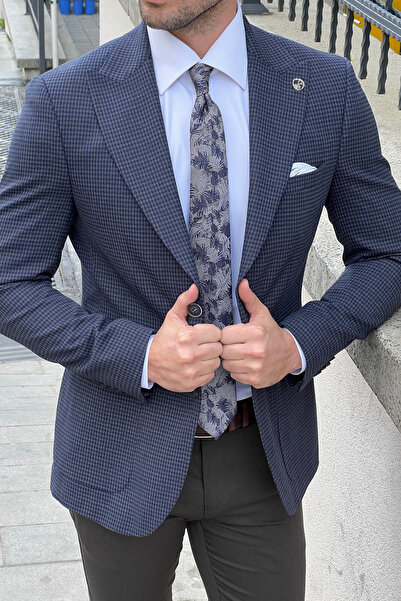 NAZEF Slim Fit Patterned Pointed Collar Bag Pocket 70% Wool Men's Classic Jacket