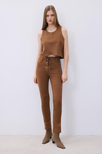 rue Suede Contrast Stitching Pack Crop Brown Blouse