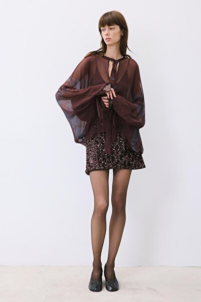 rue Lace-Up Chiffon Patterned Brown Blouse