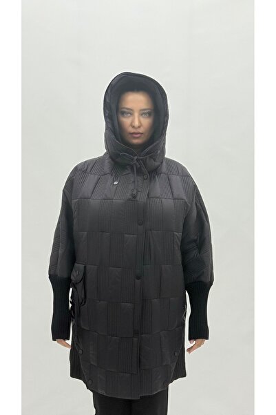 AY-SEL Büyük Beden Kapitone Şişme Cepli Düğmeli Uzun Kol Oversize Kadın Mont