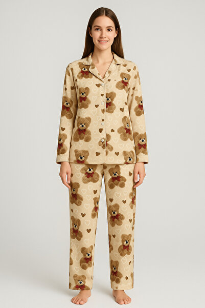 MODA Soft Teddy Bear Buttoned Long Sleeve Women's Pajama Set