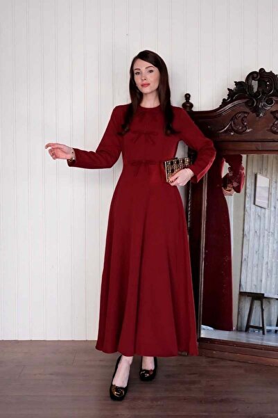 Ceylan Otantik Burgundy Bow Detail Crepe Dress
