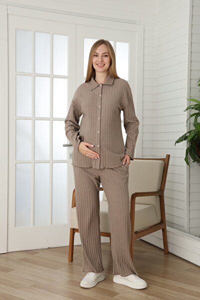 Miss Dünya Lissa Liva Knitwear Textured Front Buttoned Adjustable Waist Detailed Comfortable Fit Maternity and Postpartum E