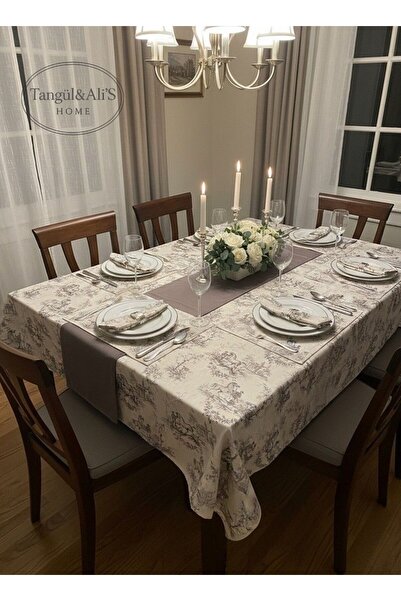 Tangül&Ali'S Moda Evi Rustik Gri Desen 14 Parça Masa Örtüsü Takımı Kokteyl Peçetesi Amerikan Servis ve Runner Seti