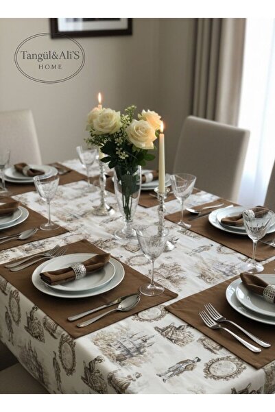 Tangül&Ali'S Moda Evi Rustik Kahverengi Desen 14 Parça Masa Örtüsü Takımı Kokteyl Peçetesi Amerikan Servis ve Runner Seti