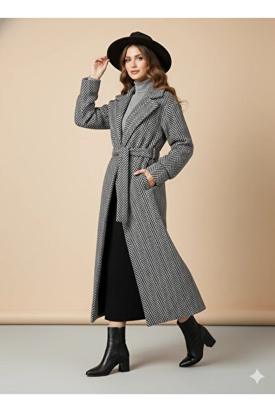 cemo Herringbone/Chevron Patterned Wool Coat with Belt Detail Long Coat Gray Winter