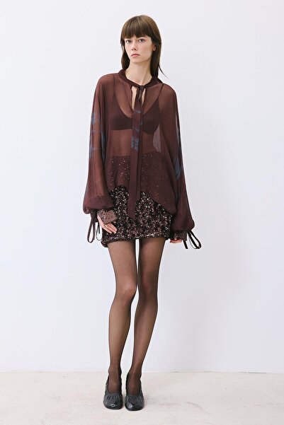 rue Lace-Up Chiffon Patterned Brown Blouse